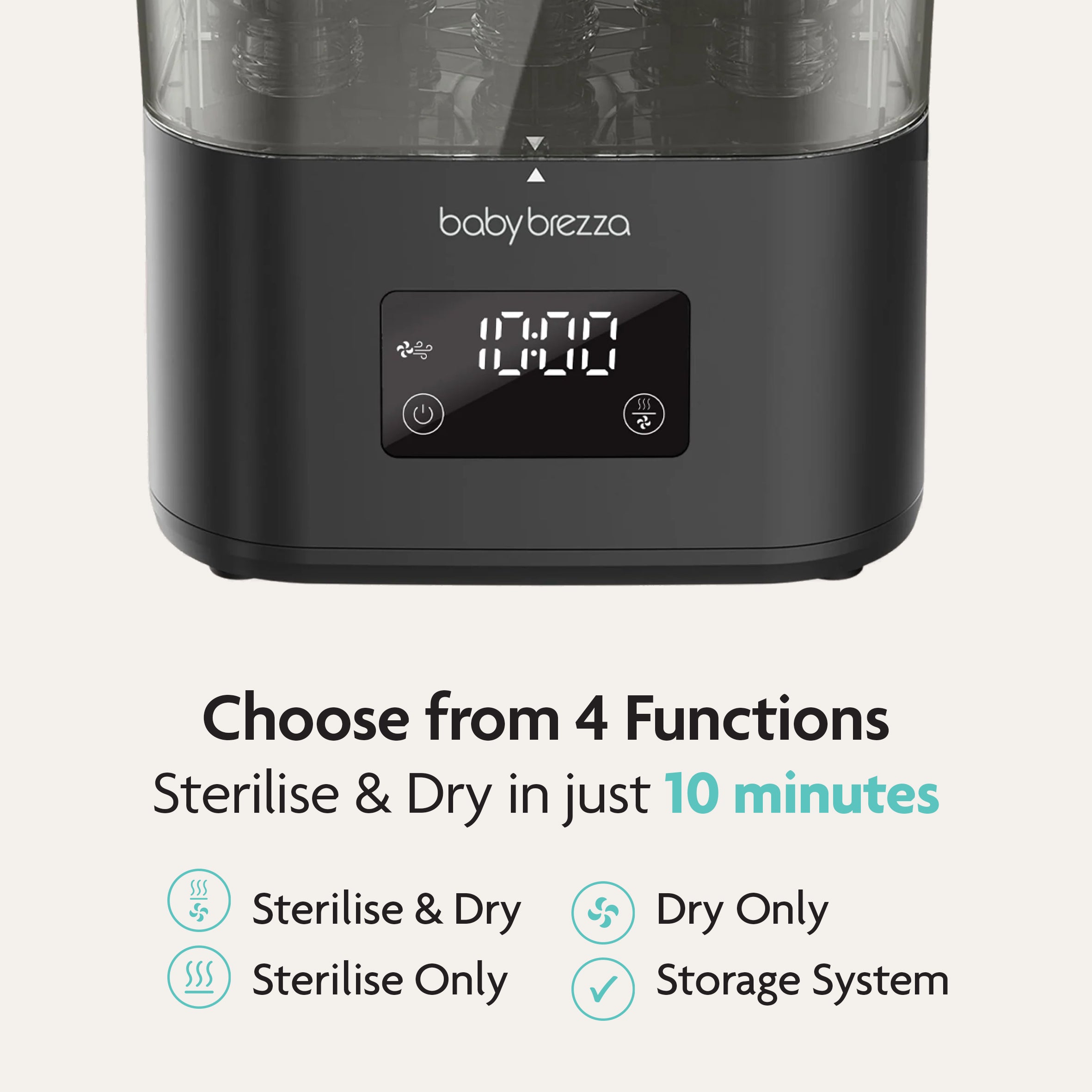 A close-up of the black Baby Brezza SuperQuick Steriliser Dryer with digital display and controls, featuring 4-in-1 functions: Sterilise & Dry, Sterilise Only, Dry Only, and Storage System—perfect for extra-large capacity needs.
