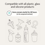Line drawings of baby feeding items like bottles, pacifiers, nipples, and a toothbrush. The Baby Brezza SuperQuick Steriliser Dryer offers 4-in-1 use and the largest capacity—keeping items sterile for 48 hours; fits plastic, glass, and silicone.