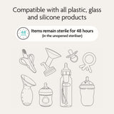 Line drawings of baby feeding items like bottles, pacifiers, nipples, and a toothbrush. The Baby Brezza SuperQuick Steriliser Dryer offers 4-in-1 use and the largest capacity—keeping items sterile for 48 hours; fits plastic, glass, and silicone.