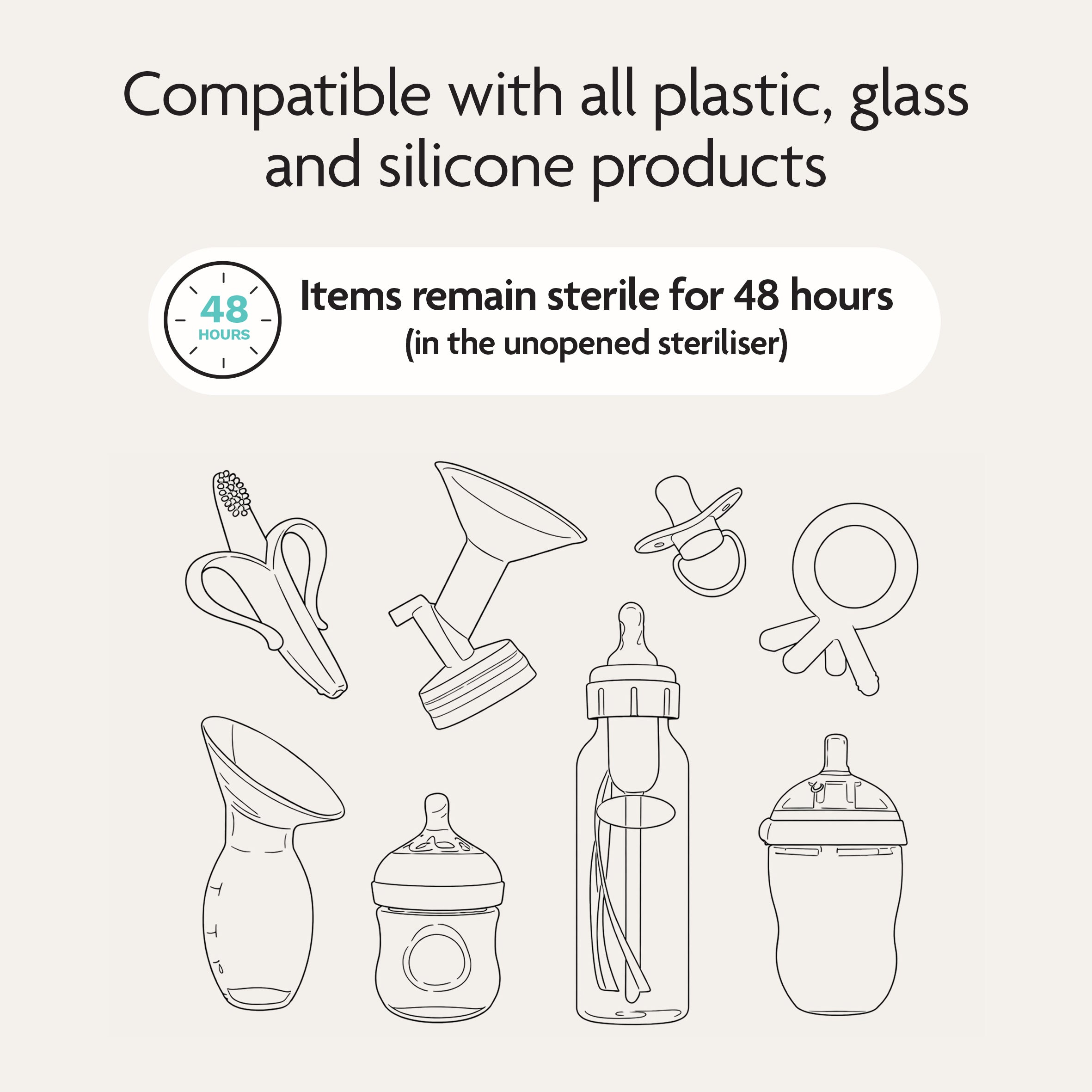 Line drawings of baby feeding items like bottles, pacifiers, nipples, and a toothbrush. The Baby Brezza SuperQuick Steriliser Dryer offers 4-in-1 use and the largest capacity—keeping items sterile for 48 hours; fits plastic, glass, and silicone.