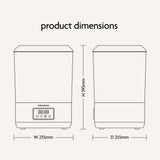 Line drawing of the Baby Brezza SuperQuick Steriliser Dryer, featuring a front digital display. Highlights include 4-in-1 functionality and largest capacity. Dimensions: 395mm (H) x 255mm (W) x 255mm (D)—ideal as a steriliser dryer.