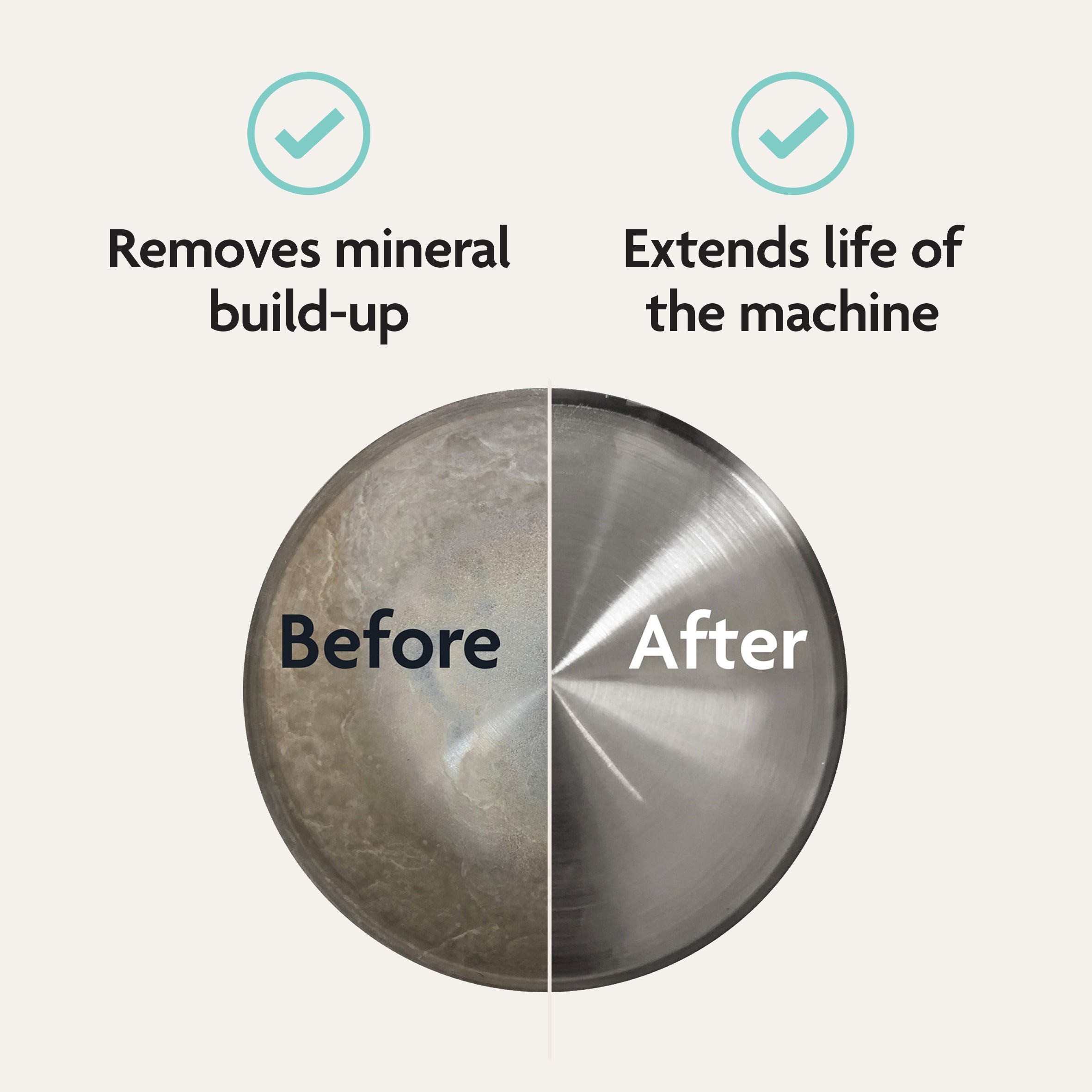 A split-screen comparison showing a metal surface with mineral build-up labeled Before and a clean, shiny surface labeled After, demonstrating how Baby Brezza Universal Descaling Tablets remove limescale and extend the life of the machine.