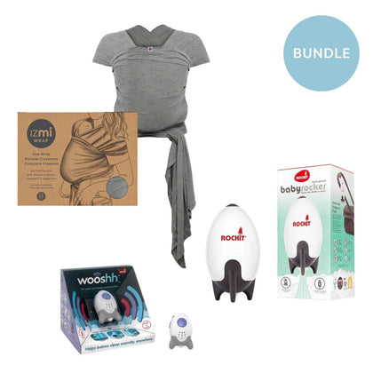 The Cheeky Rascals UK Newborn Essentials Bundle includes a grey Izmi Essential Wrap, Rocket Baby Rocker, and Wooshh Sound Soother—ideal as a thoughtful gift for newborns or expecting parents.