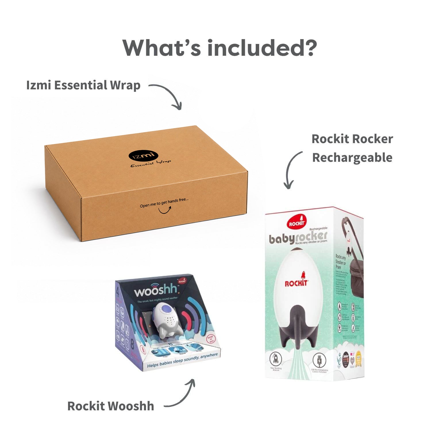 Under the heading "What's included?", the Cheeky Rascals UK Newborn Essentials Bundle—featuring Rockit Wooshh, Rocker & Izmi Essential Wrap boxes—is displayed on a white background, ideal for baby showers or new parents.