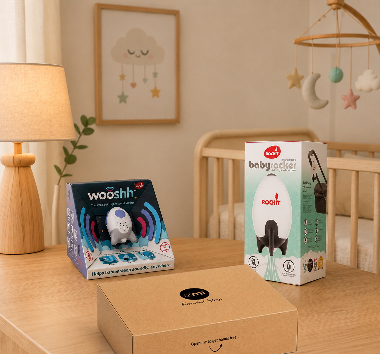 A softly lit nursery showcases the Cheeky Rascals UK Newborn Essentials Bundle—featuring the Rockit Wooshh, baby rocker, and Izmi Essential Wrap—ideal for expecting parents or as a thoughtful Baby Shower gift.