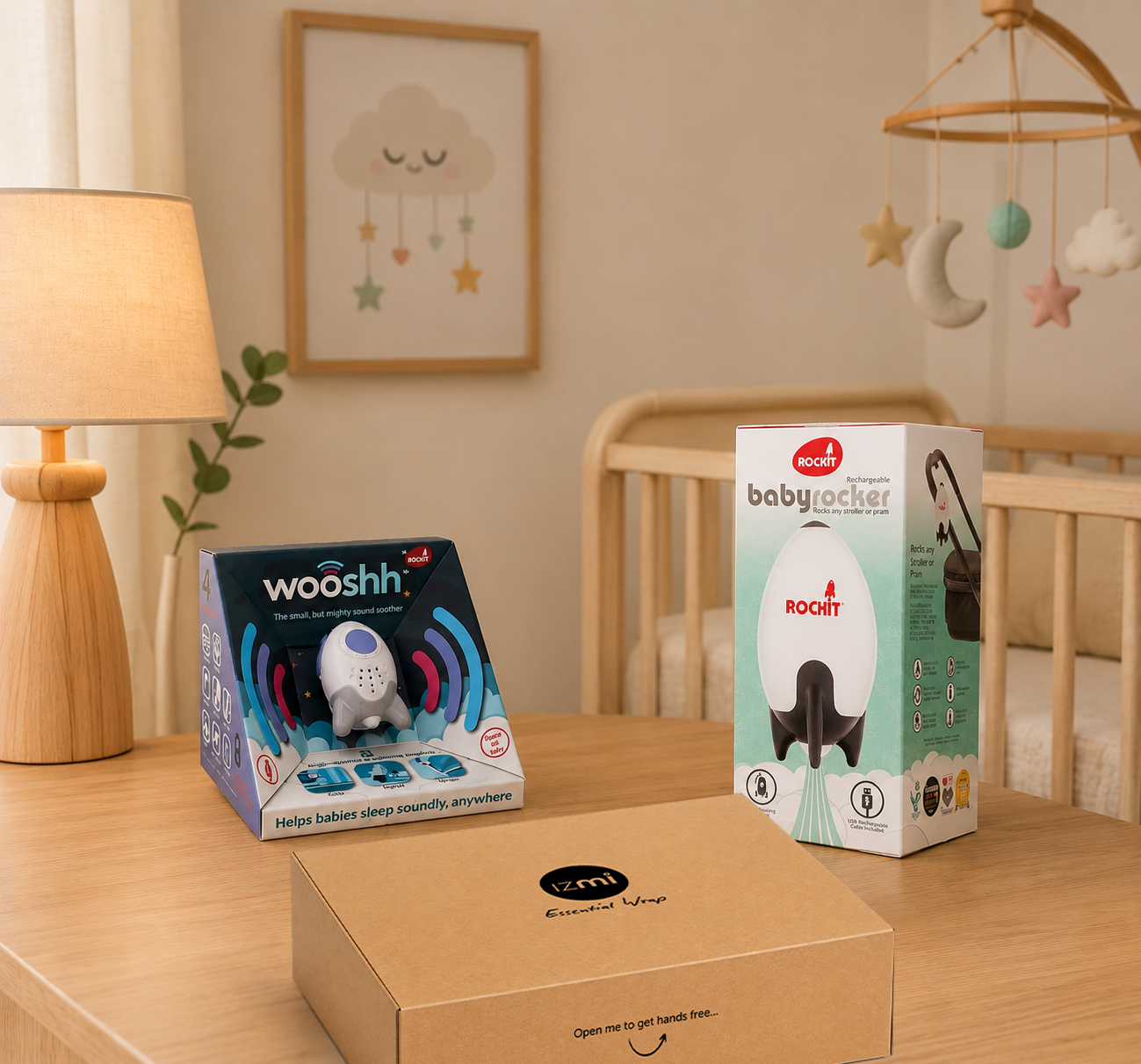 A softly lit nursery showcases the Cheeky Rascals UK Newborn Essentials Bundle—featuring the Rockit Wooshh, baby rocker, and Izmi Essential Wrap—ideal for expecting parents or as a thoughtful Baby Shower gift.