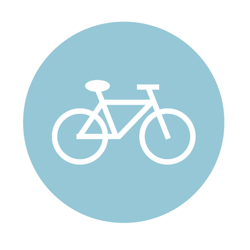 White bike icon on a blue background