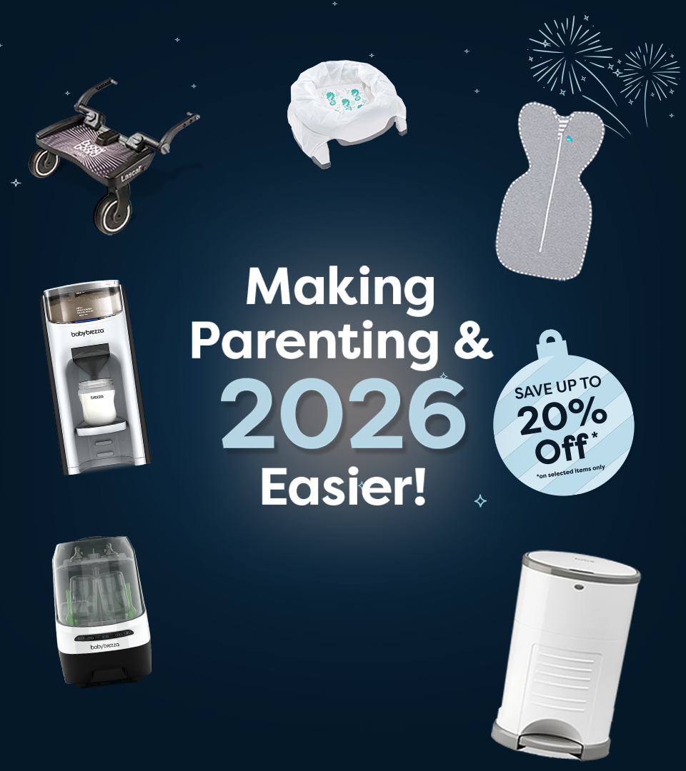 A graphic with baby products around the text “Making Parenting & 2026 Easier!” and a blue tag reading “Save up to 20% Off*”. Fireworks decorate the dark background.