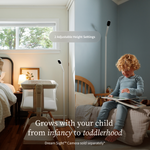 A split image showing an Owlet Dream Sight™ Camera Stand positioned next to an infant’s bassinet and later beside a toddler reading in bed, illustrating its adjustable height settings as the child grows.