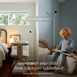 A split image showing an Owlet Dream Sight™ Camera Stand positioned next to an infant’s bassinet and later beside a toddler reading in bed, illustrating its adjustable height settings as the child grows.