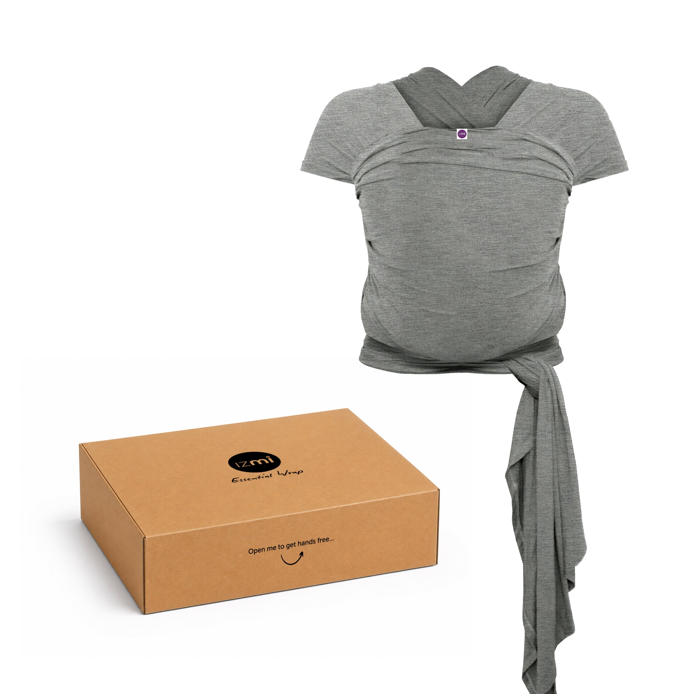 The Cheeky Rascals UK Newborn Essentials Bundle—featuring a grey Izmi Essential Wrap, Rockit Wooshh, and Rocker—is displayed on a mannequin beside its branded box; the perfect baby shower gift for expecting parents.