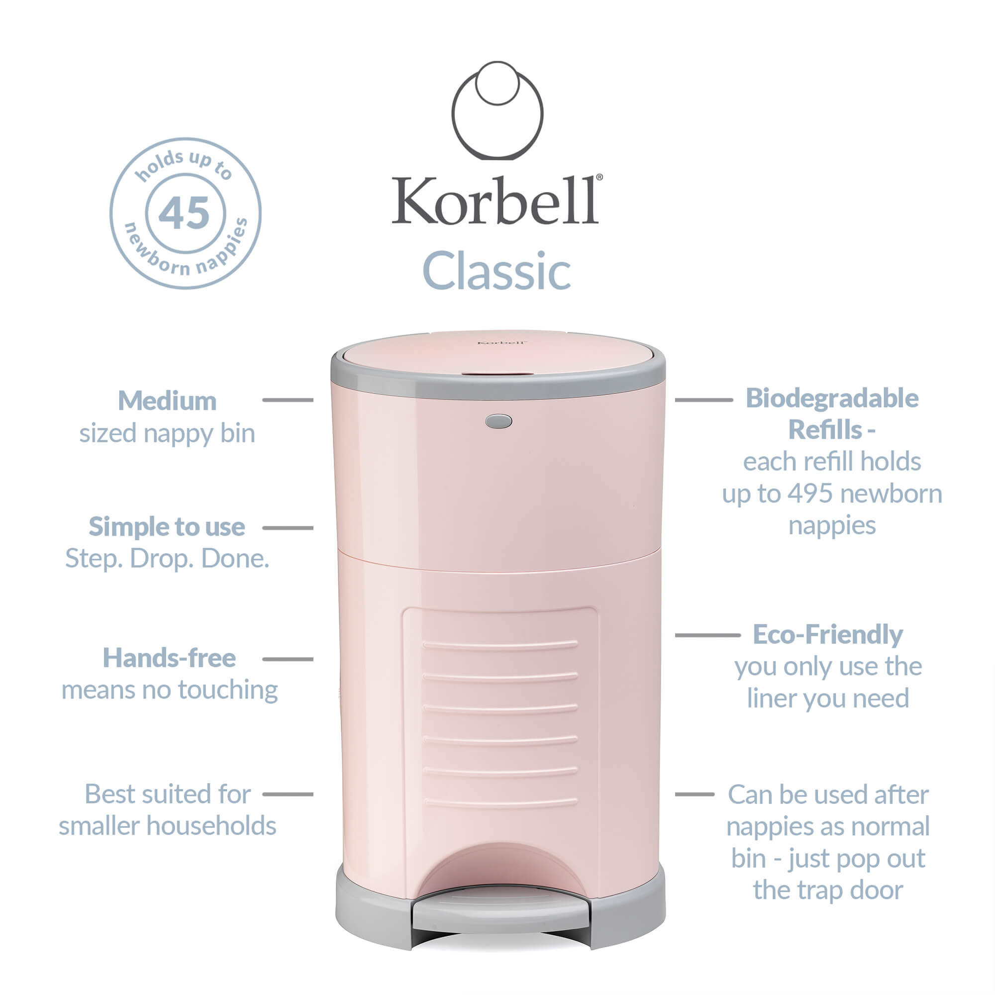 Korbell Classic 16L Nappy Bin Bundle (with Free Liner) - Soft Pink - Cheeky Rascals UK