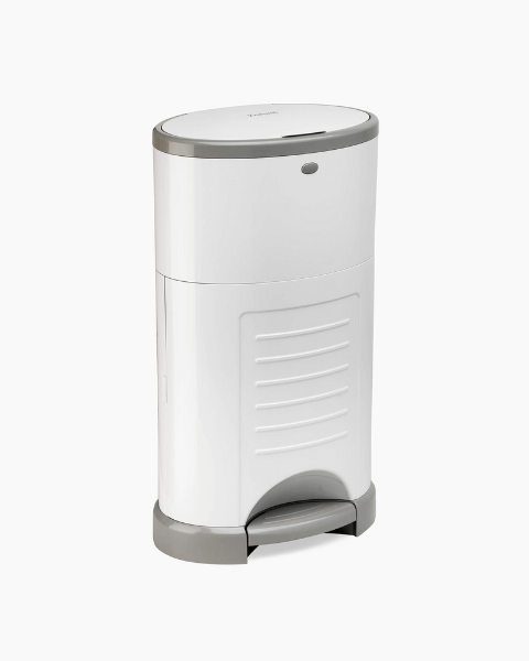The Korbell Eco Nappy Bin - Pure White by Korbell, featuring a white and gray design with a step pedal and a rounded top for hands-free nappy disposal and effective odour control, is displayed against a plain white background.
