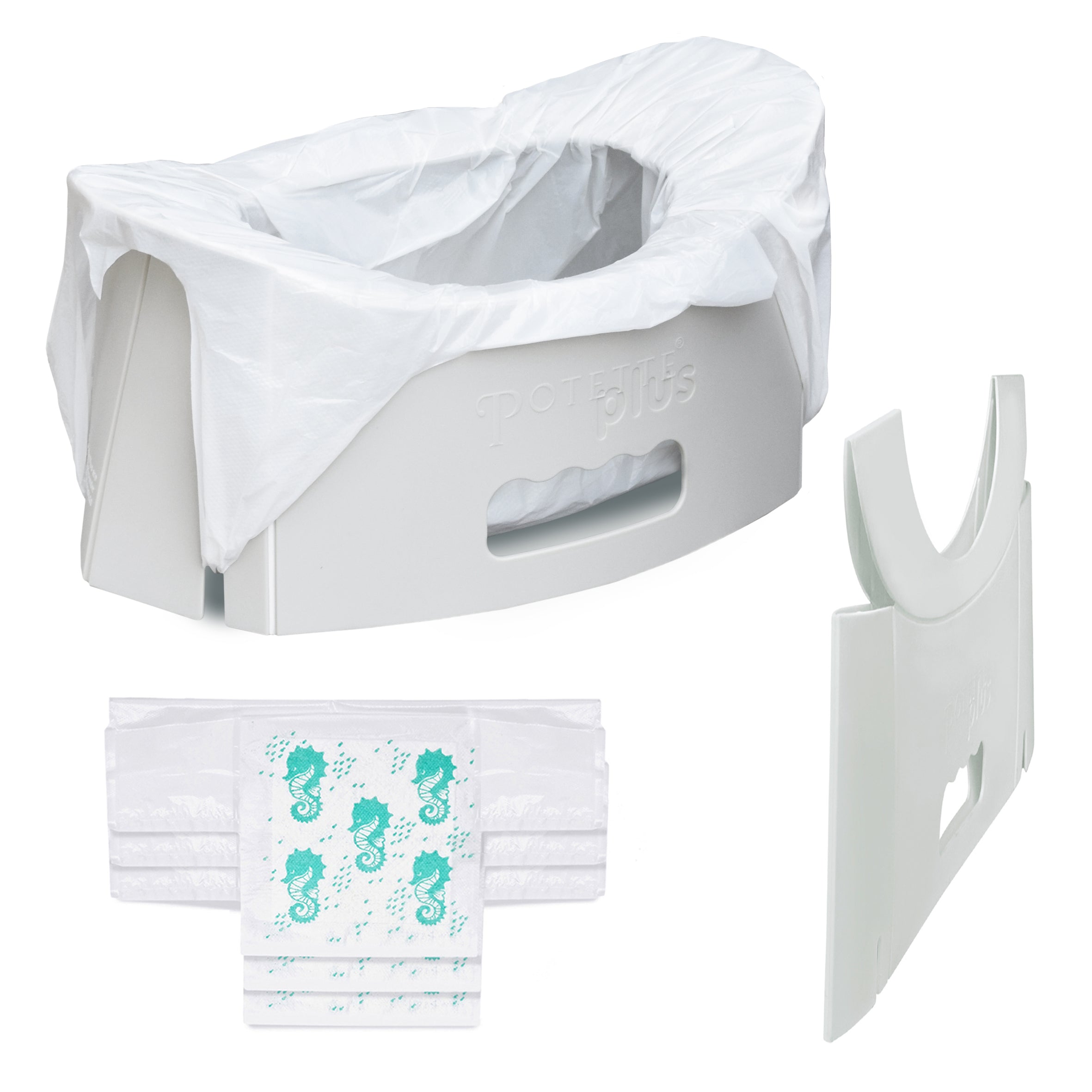 The Potette® Fold 'N' Go Potty by Potette is shown with a disposable liner and extra liners featuring teal seahorse designs. A detachable side panel, displayed separately, adds convenience for travel and on-the-go use.