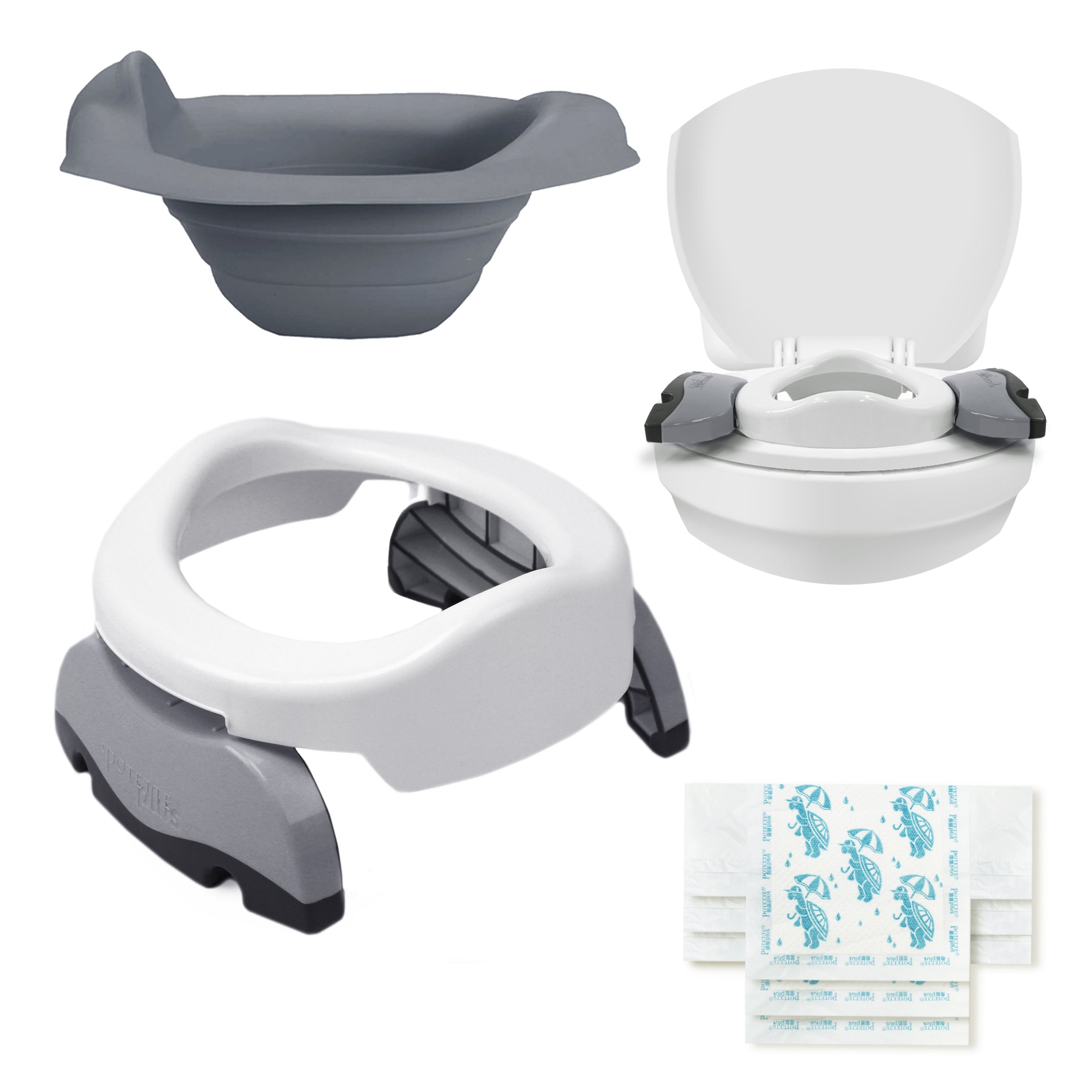 Collage featuring the Potette® Plus 2-in-1 Value Bundle by Potette in White & Grey, shown as a standalone potty, on a toilet, with portable seat, and four folded disposable liners—ideal for convenient potty training anywhere.
