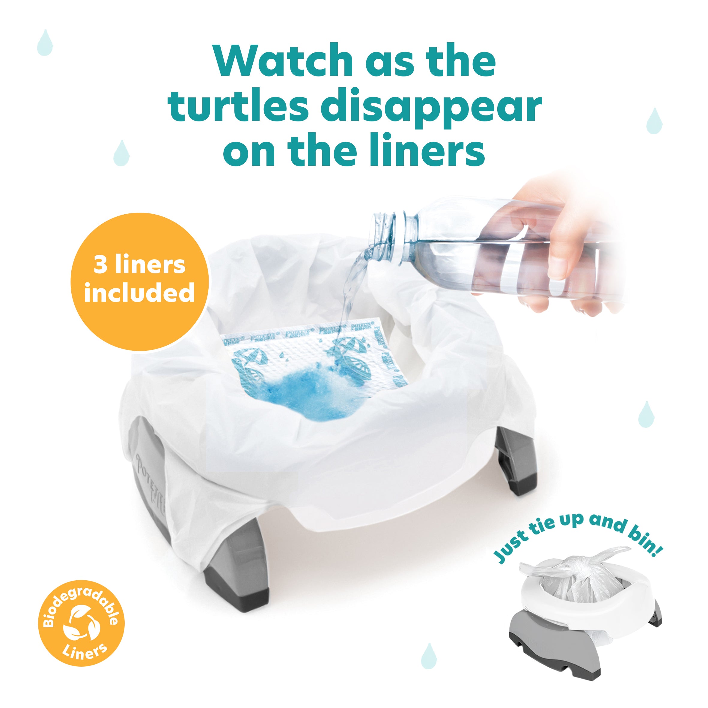 A hand pours water onto the white & grey Potette® Plus 2-in-1 Reusable Liner, showing turtles vanish—magic for potty training! 3 biodegradable liners included. Simply tie up and bin for easy cleanup. Brand: Potette.