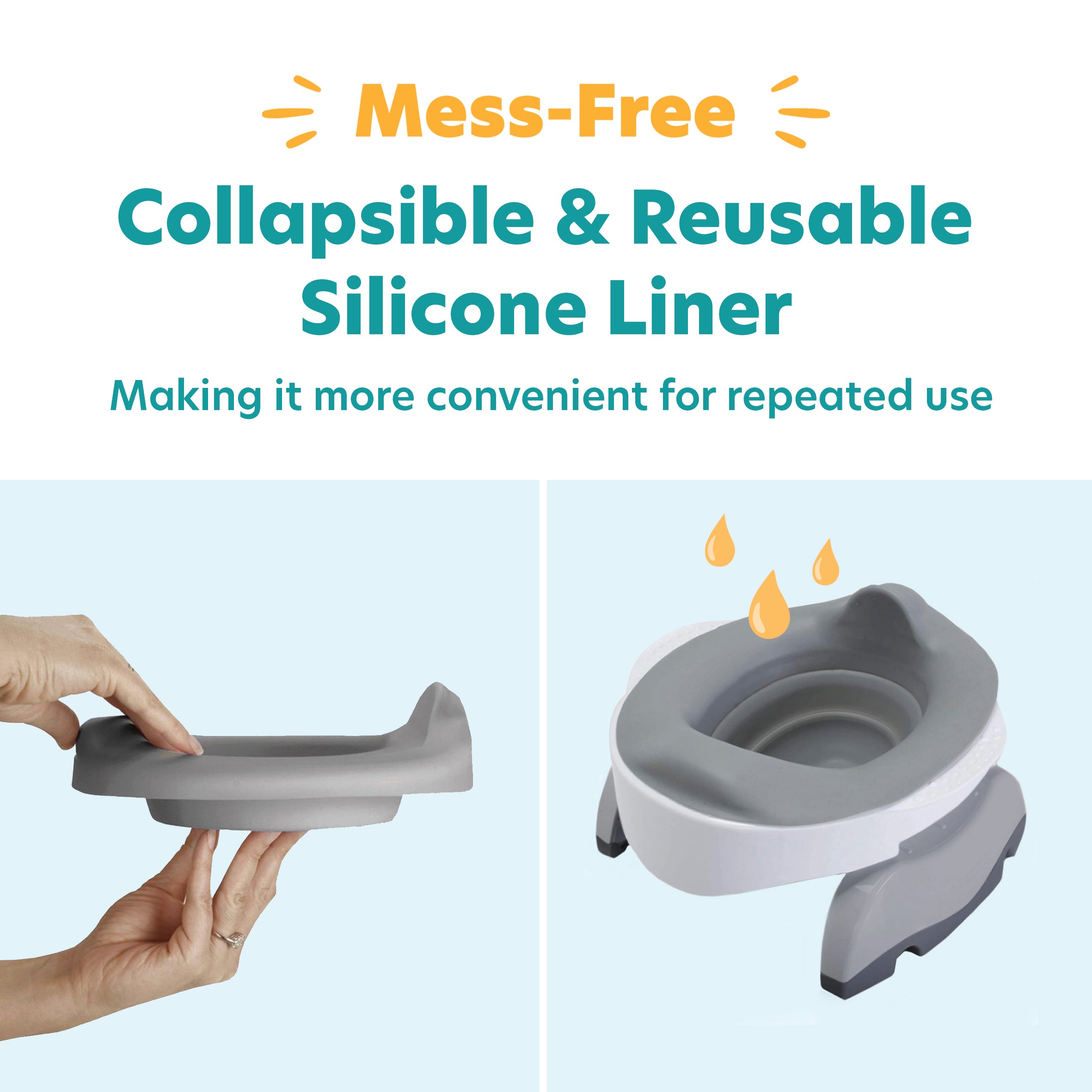The Potette® Plus 2-in-1 Value Bundle by Potette (White & Grey) features a collapsible, reusable gray silicone liner shown being held and fitted into a child’s travel potty for convenient, mess-free use—ideal for on-the-go potty training.