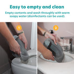 A user empties the Potette® Plus 2-in-1 Value Bundle (inc Reusable Liner) - White & Grey by Potette into a toilet, then rinses it under a sink. Text: Easy to empty and clean—perfect for travel potty use. Wash with warm soapy water.