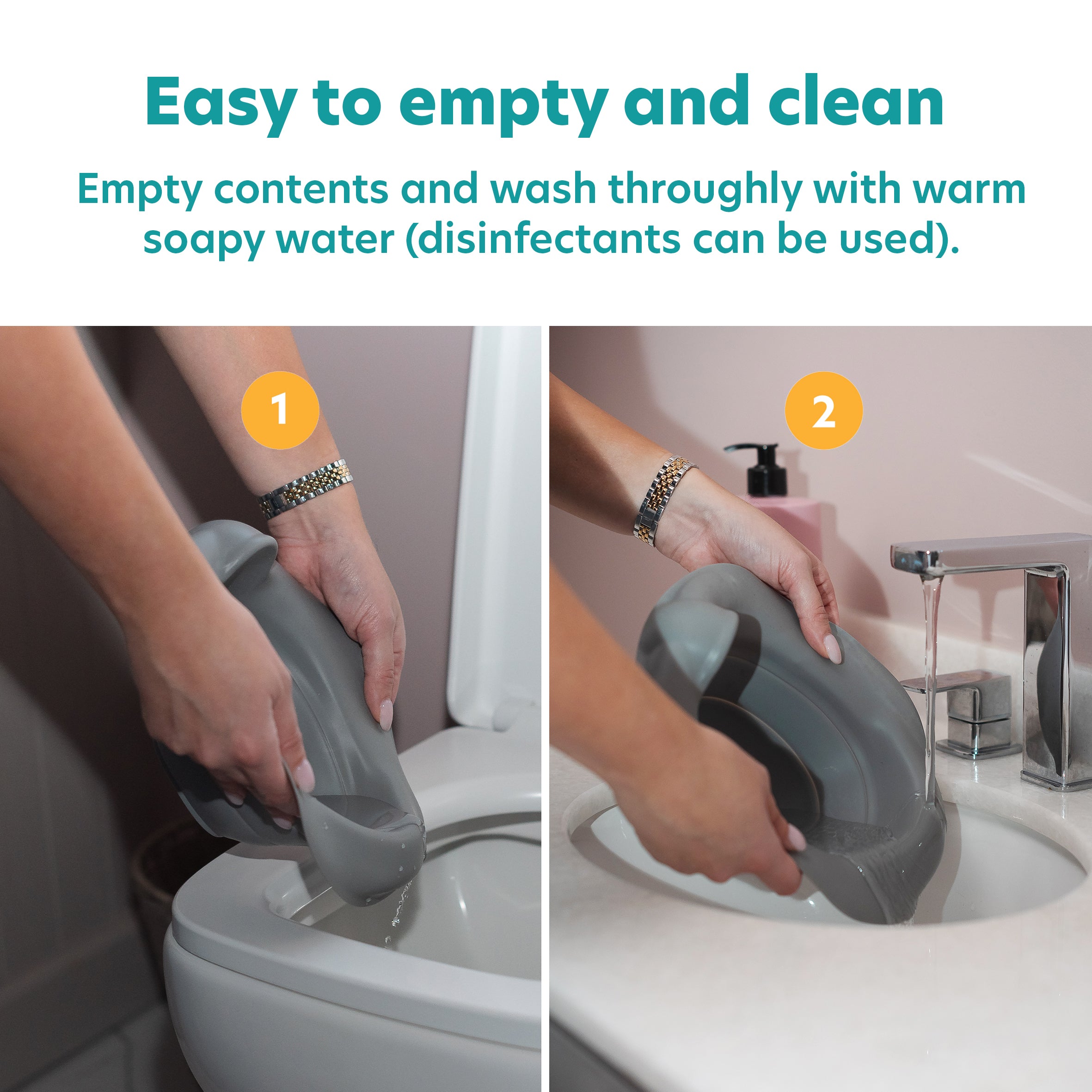 A user empties the Potette® Plus 2-in-1 Value Bundle (inc Reusable Liner) - White & Grey by Potette into a toilet, then rinses it under a sink. Text: Easy to empty and clean—perfect for travel potty use. Wash with warm soapy water.