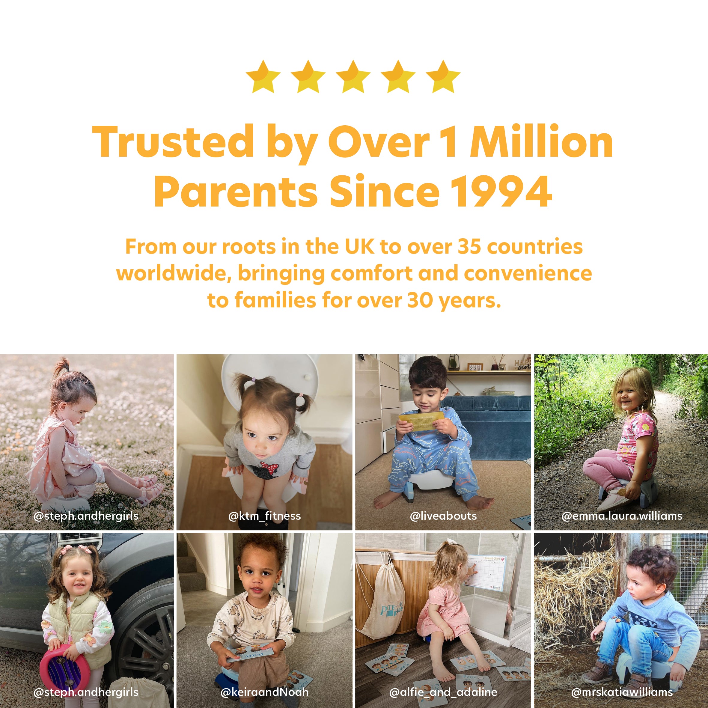 A collage of eight children surrounds the text: Potette® Plus 2-in-1 Value Bundle, trusted by over 1 million parents since 1994 for potty training and travel solutions in 35+ countries, bringing comfort for 30 years.