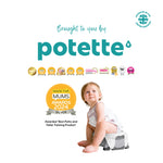 A young child sits on a white & grey Potette® Plus 2-in-1 Value Bundle travel potty, looking upward. Above, the text reads "Brought to you by Potette" next to award icons, a Made for Mums Awards 2024 Silver badge, and a UK invention logo.
