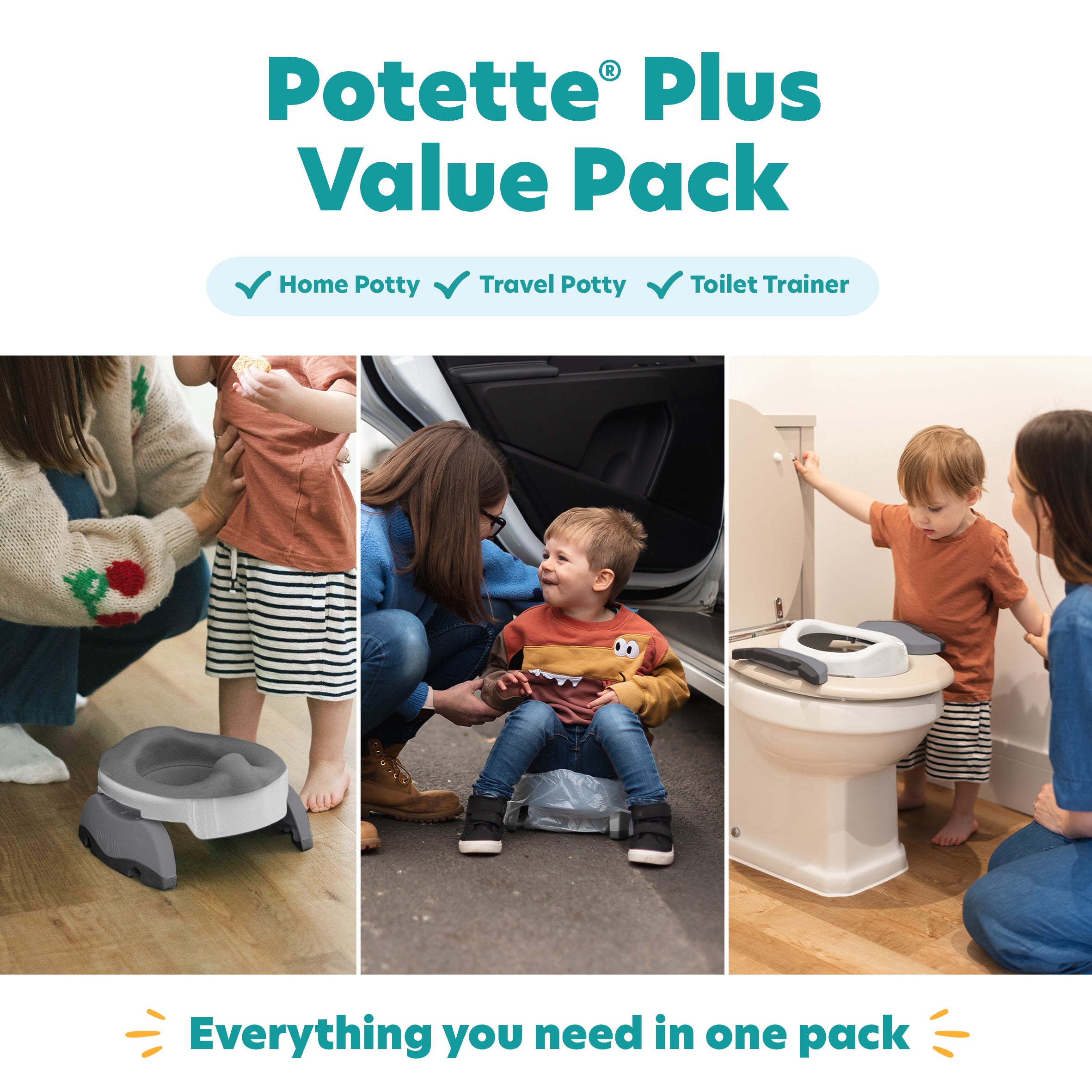 The Potette® Plus 2-in-1 Value Bundle (inc Reusable Liner) by Potette shows a child potty training at home, using it outdoors as a travel potty, and with a parent as a toilet trainer. Text highlights it as a versatile multi-use potty pack in white & grey.