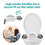 The Potette® Plus 2-in-1 Value Bundle (White & Grey) by Potette is shown on a toilet. An inset shows a woman helping a boy use the seat. Text: Legs create handles for a secure fit on the toilet seat. Includes reusable liner.