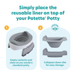 The Potette® Plus 2-in-1 Value Bundle by Potette features a travel potty with a reusable liner—empty and clean like a regular potty. It easily collapses for compact storage or transport. White & Grey color included.