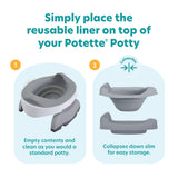 The Potette® Plus 2-in-1 Value Bundle by Potette features a travel potty with a reusable liner—empty and clean like a regular potty. It easily collapses for compact storage or transport. White & Grey color included.