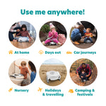 Six circular images show the Potette® Plus 2-in-1 Value Bundle (inc Reusable Liner) by Potette used at home, on days out, car journeys, nursery, holidays/travel, and camping—perfect for potty training anywhere, with matching icons and photos.
