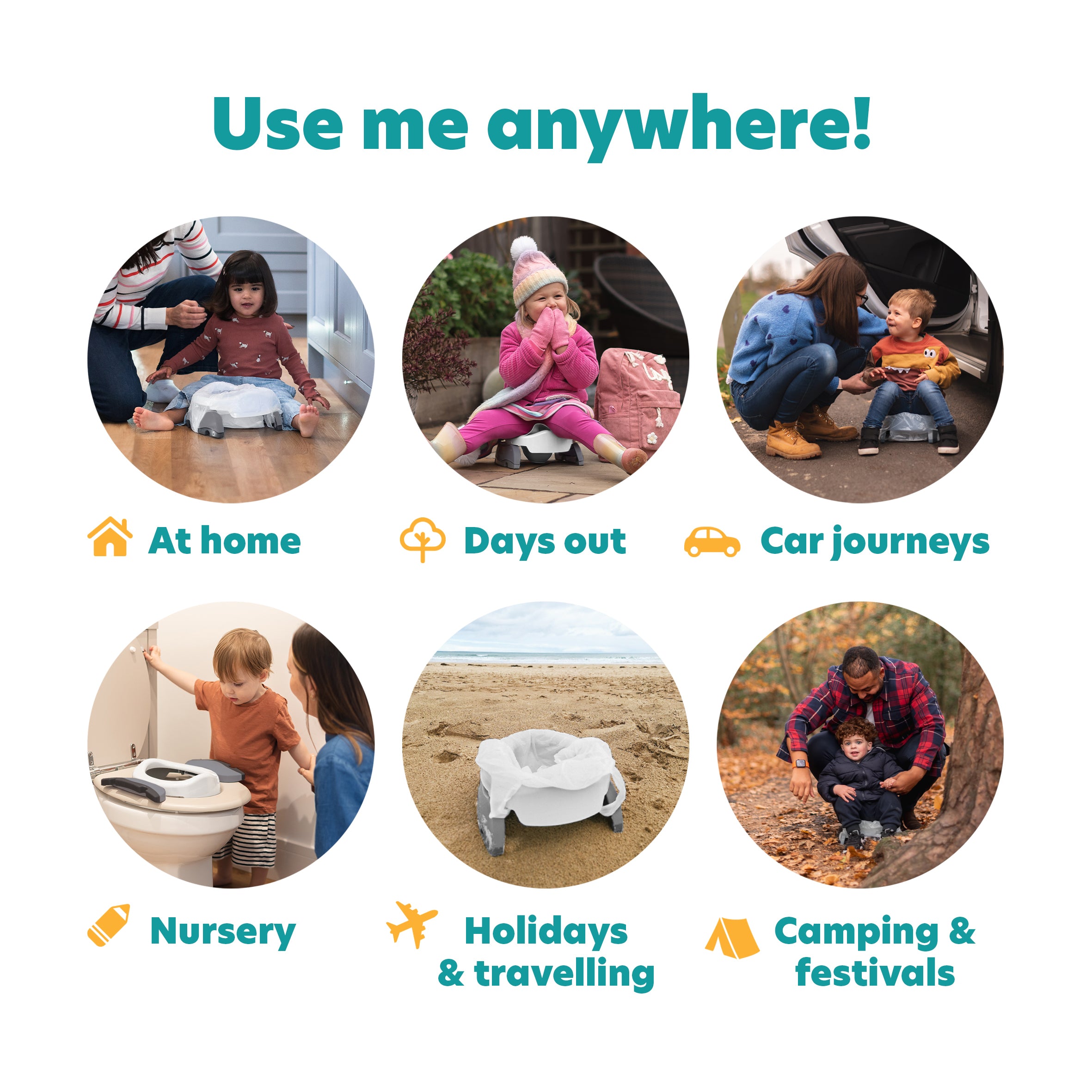 Six circular images show the Potette® Plus 2-in-1 Value Bundle (inc Reusable Liner) by Potette used at home, on days out, car journeys, nursery, holidays/travel, and camping—perfect for potty training anywhere, with matching icons and photos.