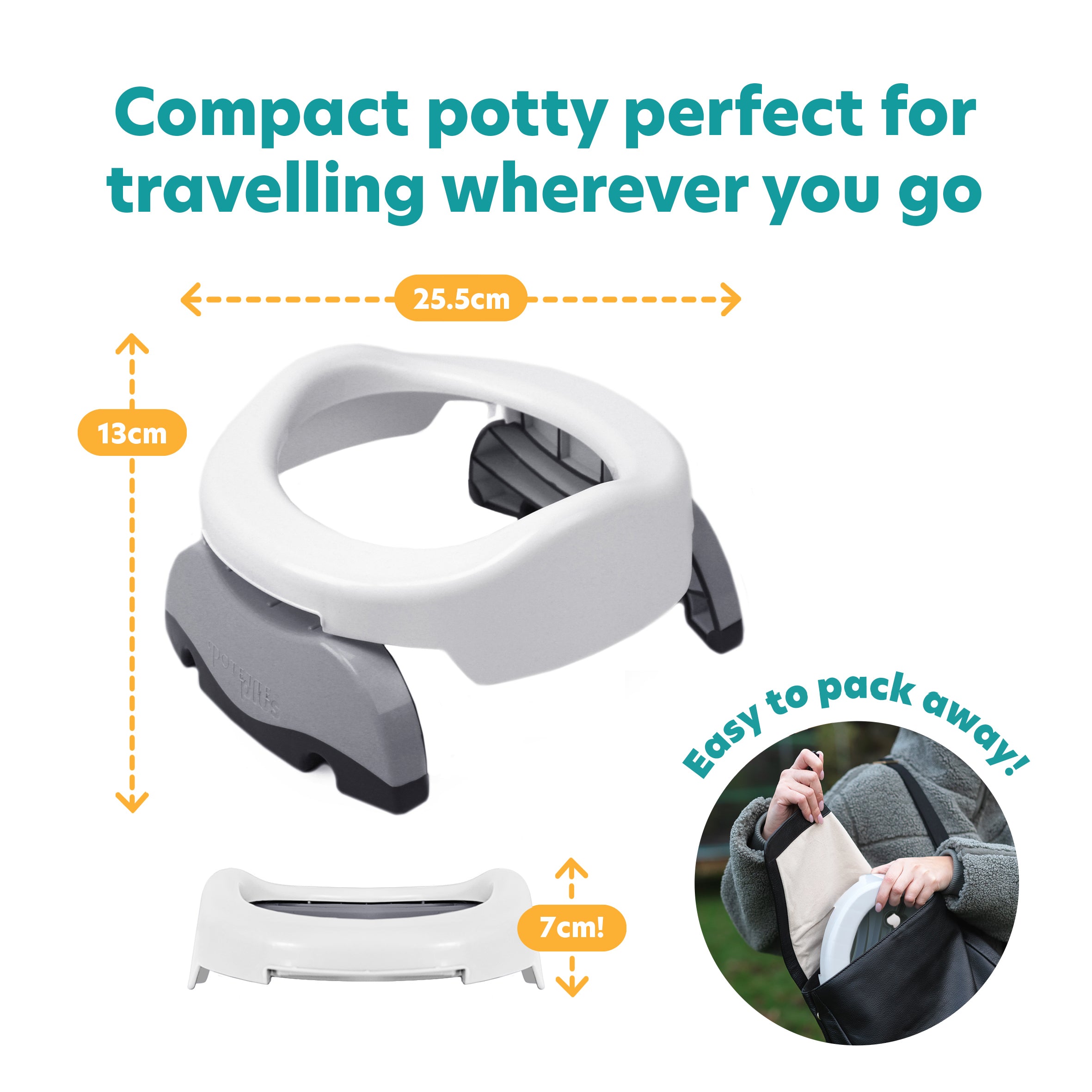The Potette® Plus 2-in-1 Value Bundle by Potette (White & Grey) is a compact travel potty with black foldable legs (25.5cm wide, 13cm tall, 7cm packed), easily fits in a bag—ideal for potty training anywhere. Includes reusable liner.