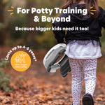 A young child walks outdoors with the Potette® Plus 2-in-1 Value Bundle by Potette. Ideal for potty training and beyond—lasts up to 4-5 years, max. weight 50 lbs (22 kg). Perfect travel potty for families on the go. Includes reusable liner.