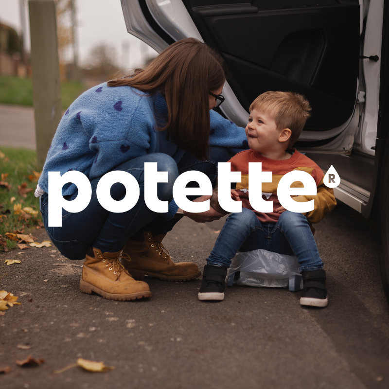 A woman helps a smiling young child use a portable potty next to a car parked on the roadside. The word potette is prominently displayed over the image.