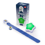 Box labeled “Rising Star - The rewarding sleep clock” by Rockit, featuring a green star-shaped night light, a blue star-themed slap band, and small star tokens—all thoughtfully arranged on a white surface. This ideal gift set pairs perfectly with any children’s wake-up clock or kids’ sleep trainer to help create a comforting bedtime routine.