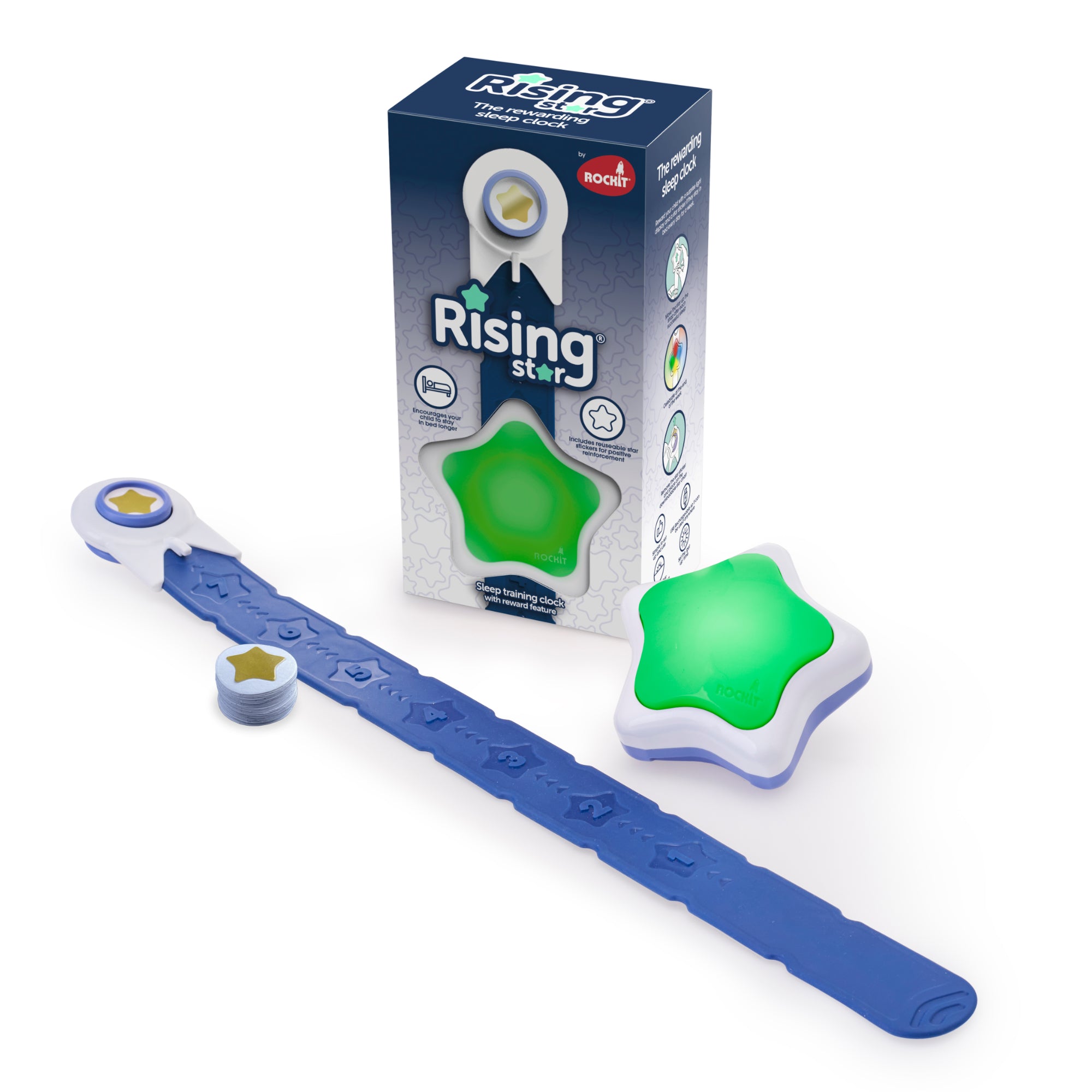Box labeled “Rising Star - The rewarding sleep clock” by Rockit, featuring a green star-shaped night light, a blue star-themed slap band, and small star tokens—all thoughtfully arranged on a white surface. This ideal gift set pairs perfectly with any children’s wake-up clock or kids’ sleep trainer to help create a comforting bedtime routine.