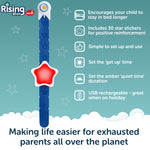 A blue and red, star-shaped Rockit Rising Star - The rewarding sleep clock for kids is shown with icons highlighting its features: encourages sleep, includes 30 stickers, easy setup, get up timer, amber quiet time mode, and USB rechargeable. Text: Making life easier for exhausted parents.