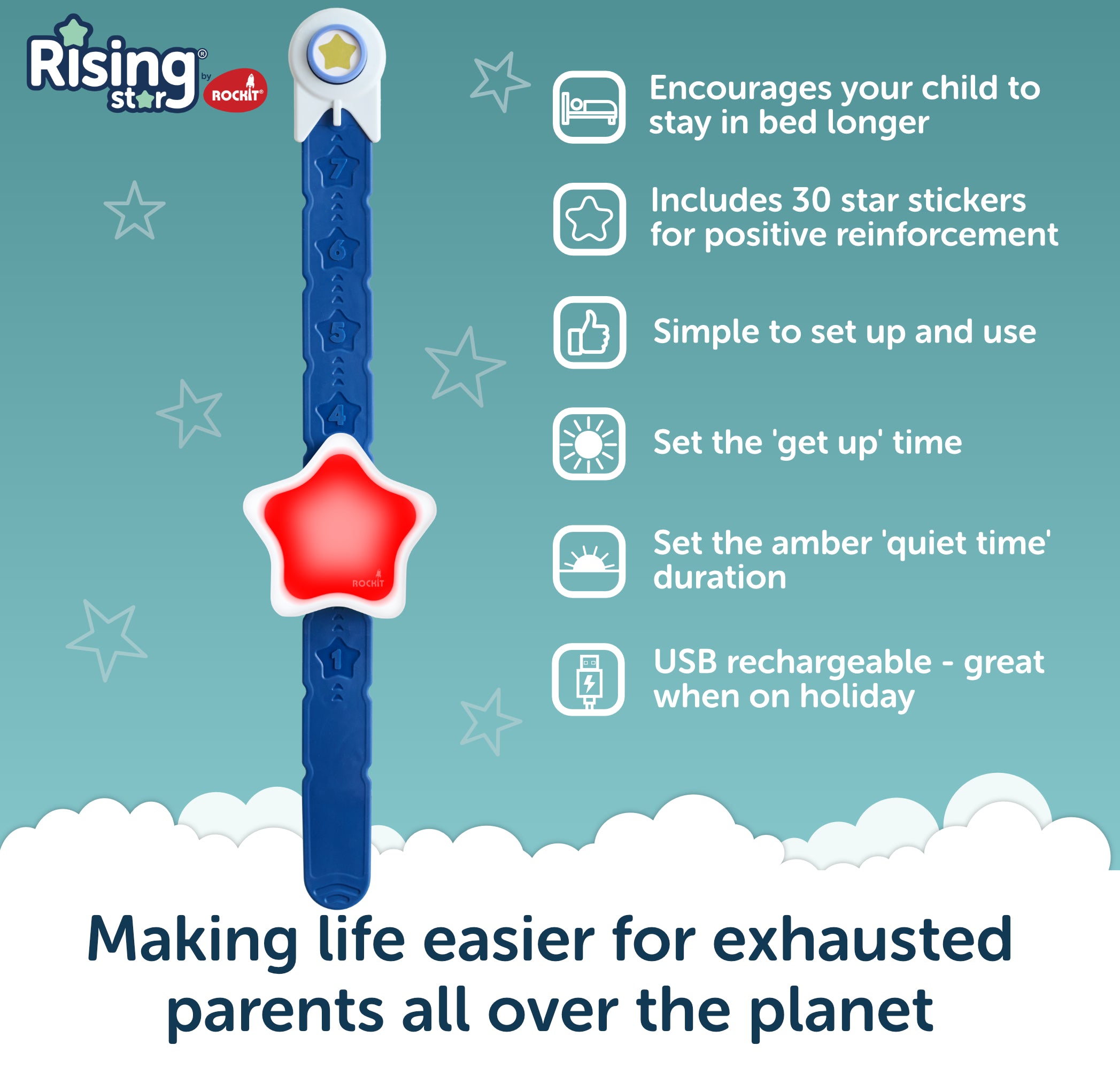 A blue and red, star-shaped Rockit Rising Star - The rewarding sleep clock for kids is shown with icons highlighting its features: encourages sleep, includes 30 stickers, easy setup, get up timer, amber quiet time mode, and USB rechargeable. Text: Making life easier for exhausted parents.