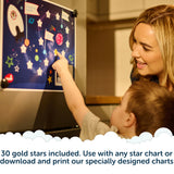 A woman and child smile and point at a space-themed star chart on a fridge. Text below says, 30 gold stars included. Use with any star chart or with the Rising Star – The rewarding sleep clock by Rockit, or download and print our specially designed charts.