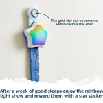The Rockit Rising Star rewarding sleep clock features a star-shaped nightlight with a removable gold star sticker on a blue strap. Displayed with text encouraging parents to reward children with the gold star after a week of good sleep, it’s the perfect companion for establishing positive bedtime routines.