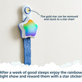 The Rockit Rising Star rewarding sleep clock features a star-shaped nightlight with a removable gold star sticker on a blue strap. Displayed with text encouraging parents to reward children with the gold star after a week of good sleep, it’s the perfect companion for establishing positive bedtime routines.