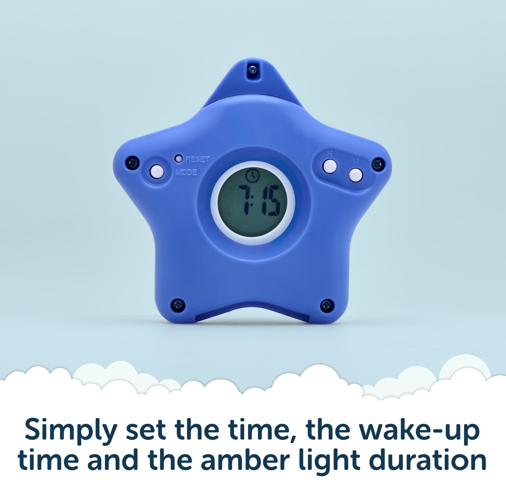 A blue, star-shaped sleep clock from Rockit called “Rising Star - The rewarding sleep clock,” displays 7:16 on its digital screen. Text below explains: Simply set the time, wake-up time, and amber light duration—making it the ideal children’s wake up clock that can be used as part of a reward system for kids.