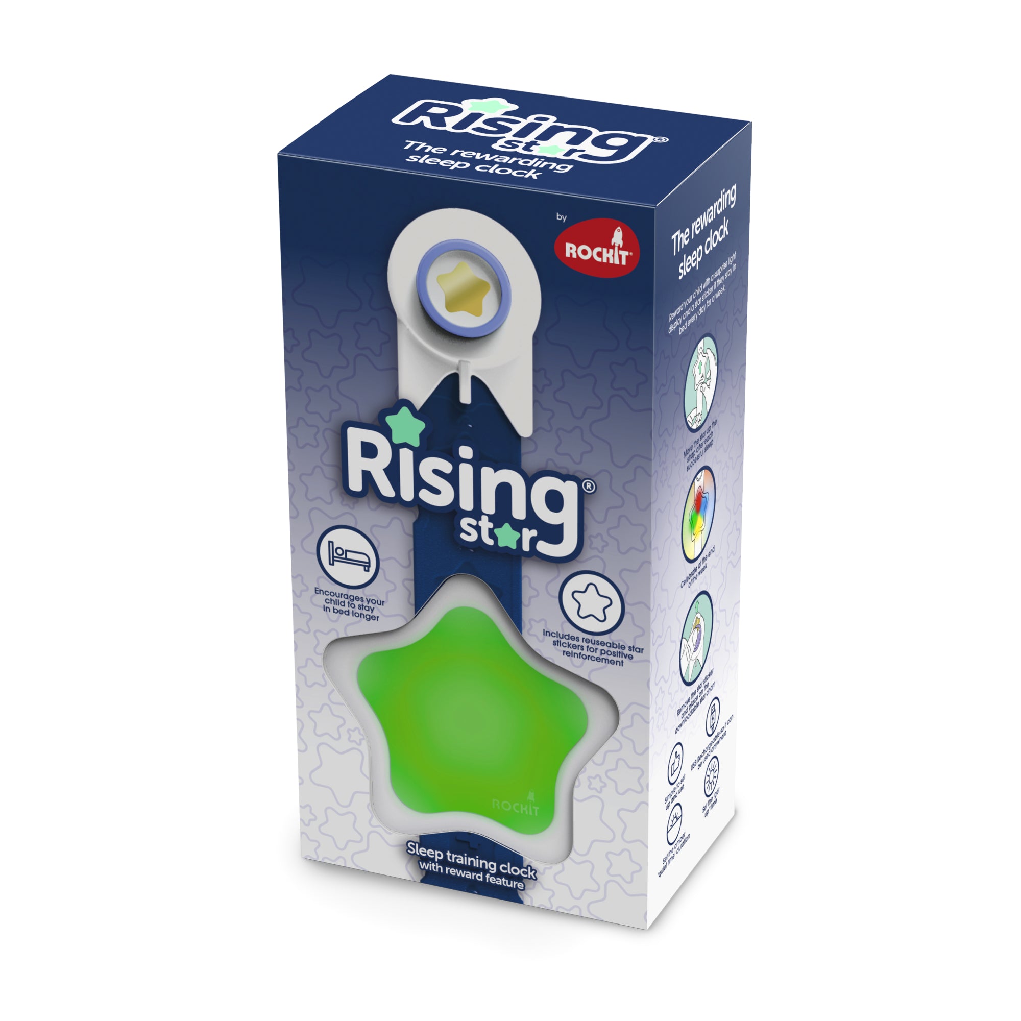 A boxed Rising Star – The Rewarding Sleep Clock by Rockit, featuring a green star-shaped light and sleep-themed illustrations on the packaging. This innovative wake up clock helps children develop healthy routines, making mornings easier for families.