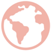 A pink and white icon of a globe showing simplified outlines of continents, resembling North and South America, within a circular border on a light background.