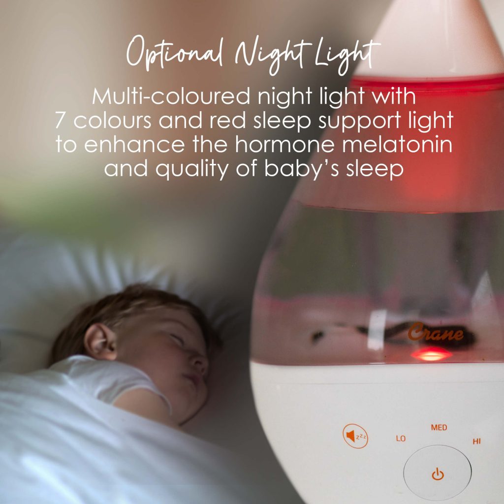 Optional night light that is multicoloured with 7 colours and red sleep support light to enhance the hormone melatonin and quality of baby’s sleep.